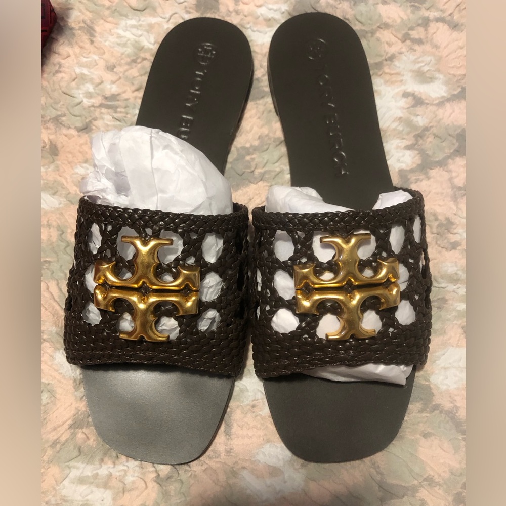 9/12 woven chocolate Tory Burch slides